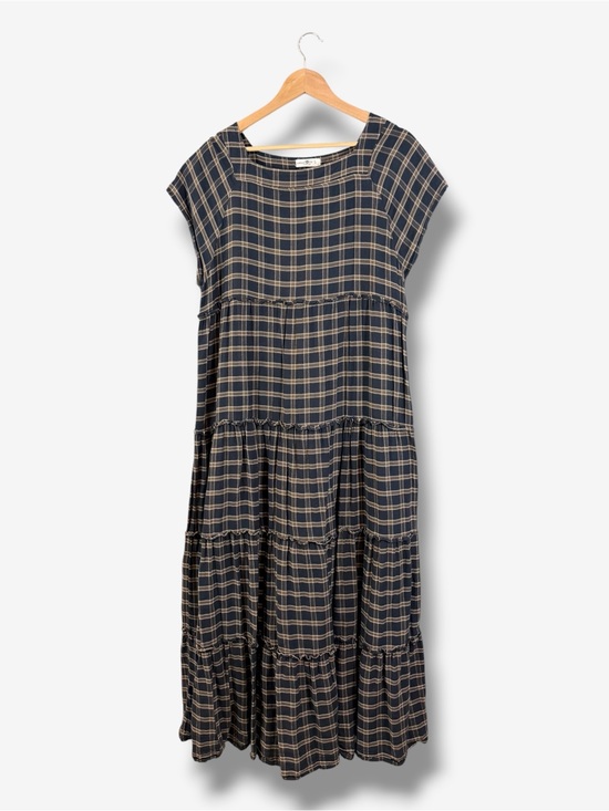 NATURAL LIFE Dresses & Skirts - Natural Life Plaid Berkley Maxi Dress Size L Blue Tan Square Neck Tiered Casual